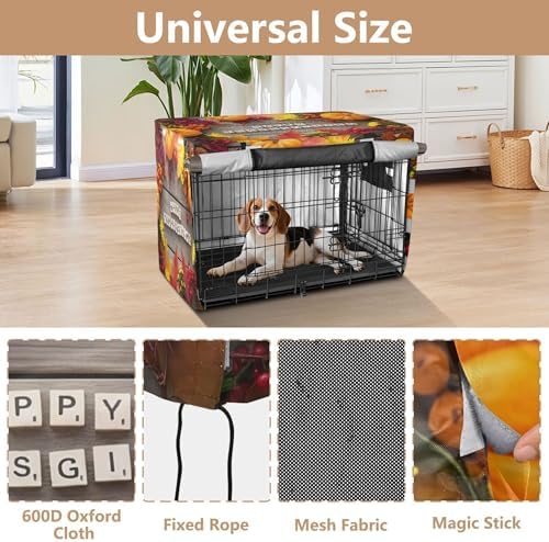 Kigai Thanksgiving Dog Crate Cover Oxford Fabric Windproof Waterproof Kennel Cover with Breathable Mesh & Roll-Up Panels, Fit for 35 in Cage, Washable