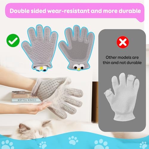 Pet Grooming Gloves Suitable for Long- And Short-Haired Dogs and Cats. Double-Sided, Two-in-One, Pet Hair Removal Gloves for Depilating and Massaging Cats and Dogs. Upgraded Five-Finger Design.
