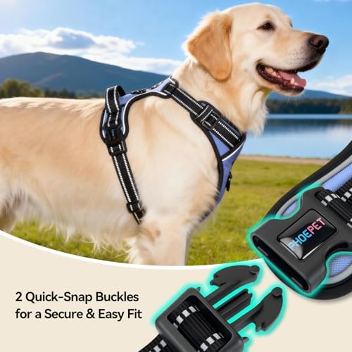 PHOEPET No Pull Dog Harness Reflective Adjustable with 2 Metal Leash Hooks