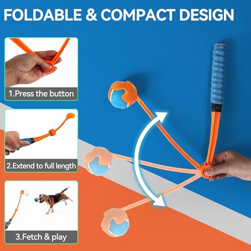 ALL FOR PAWS 25“Dog Ball Launcher, Foldable Tennis Ball Thrower,2.5 inch Ball Included and 4 Pack 2.5-inch Tennis Balls Bundle