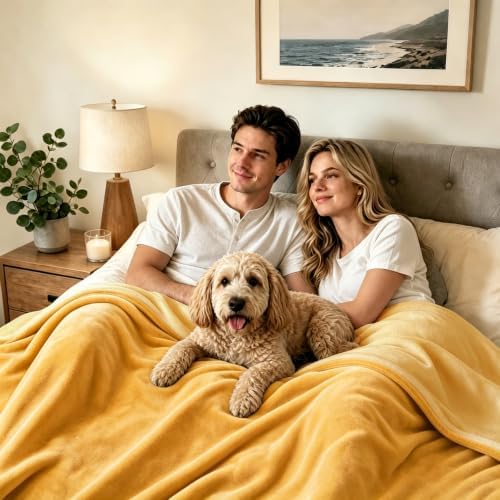 LOOBANI Yellow Waterproof Blanket for Bed, Flannel King Size 85"x108"
