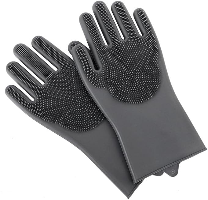 Premium Pet Grooming Gloves (1 Pair) - 3,000 Soft Silicone Tips for Bathing, Deshedding & Massage - Heat Resistant, 5-Finger Grip - Cats/Dogs/Rabbits (Grey)