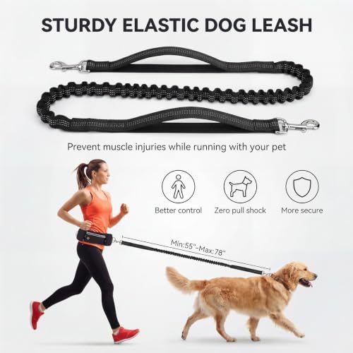 Hands Free Dog Leash 3 Zipper Pounchs with Reflective Strips Poop Bag Dispenser,Waterproof Dog Walking Belt,Dual Handles and Durable Bungee,Waist Leash for Dog Walking,Jogging and Running