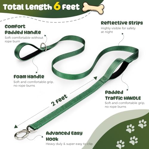 Heavy Duty Dog Leash with Easy Lock Metal Clip, Reflective, Padded Handle - Durable 6ft Walking Training Green Leash for Large, Medium, Small Dogs, Jogging, Hiking, and Outdoor Use