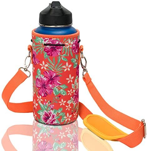 Made Easy Kit Neoprene Water Bottle Carrier Holder with Adjustable Shoulder Strap for Insulating & Carrying Water Container Canteen Flask Available in 5 Sizes (Floral - Orange, L (32oz / 1.5L))