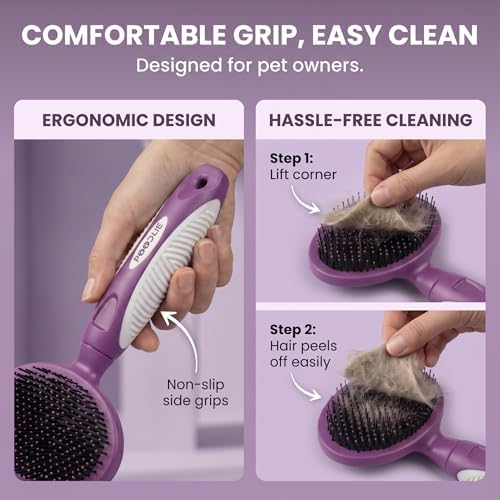Round Bristle Pet Brush for Dogs and Cats - Soft Dog Brush for Grooming Short or Long Hair - Gentle Tool for Sensitive Skin Removes Dander, Dirt, and Detangles (Purple)