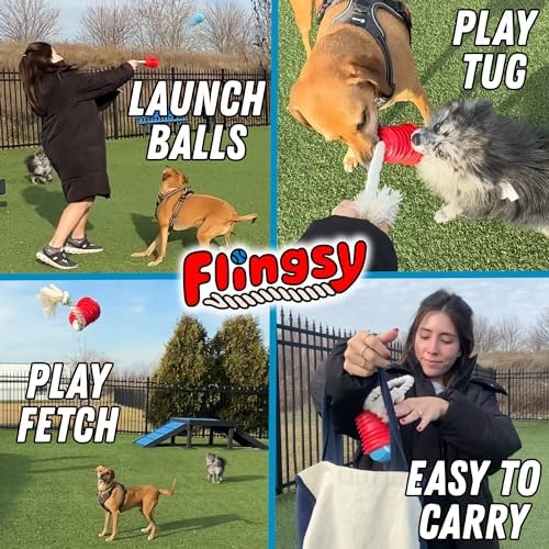 Made in USA Flingsy Dog Ball Launcher and Rope Tug Fetch Thrower Combination Throwing Toy with 100-Percent Natural Cotton Rope