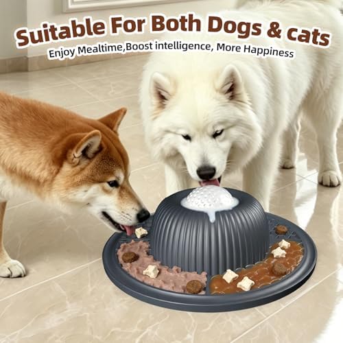 2-in-1 Dog Slow Feeder Bowl & Lick Mat with 2 Rotatable Balls, No-Slip Silicone Anxiety Relief Treat Mat for Dogs & Cats, Dishwasher Safe (Gray)