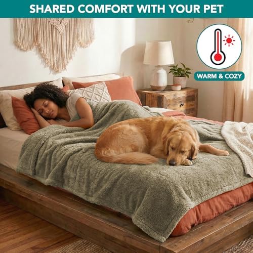 PetAmi Fluffy Sherpa Waterproof Dog Blanket for Pet Cat Queen 90x90, Taupe
