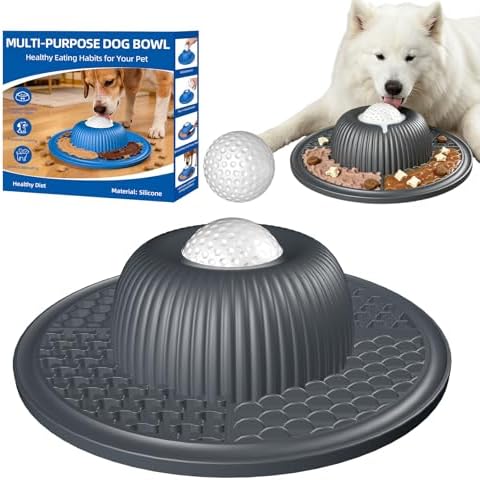 2-in-1 Dog Slow Feeder Bowl & Lick Mat with 2 Rotatable Balls, No-Slip Silicone Anxiety Relief Treat Mat for Dogs & Cats, Dishwasher Safe (Gray)