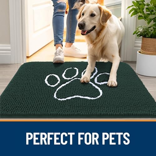OLANLY Dog Door Mat for Muddy Paws 24x16, Paw Print Design Chenille Mud Mat