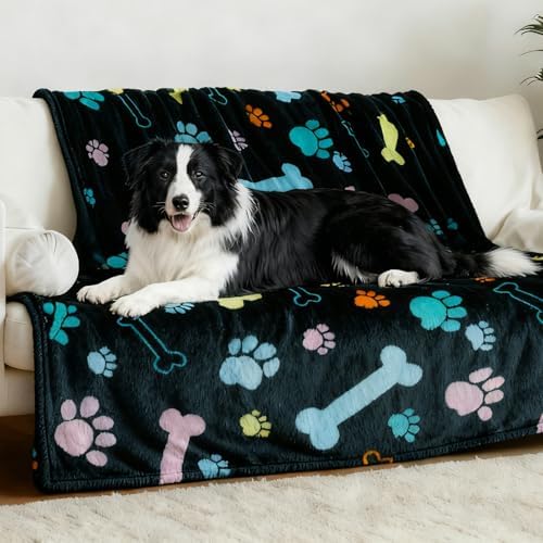 Rezutan Premium Blanket for Large Dogs, Cute Paw Pattern, Black 60x50 Inch
