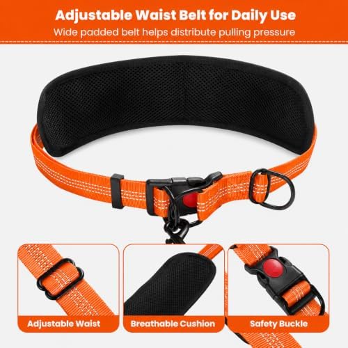 Hands Free Dog Leash, Adjustable Waist Belt 27-51", 2 Reflective Padded Handles, Comfortable Shock Absorbing Bungee, for Small Medium Large Dogs, Walking Jogging Running