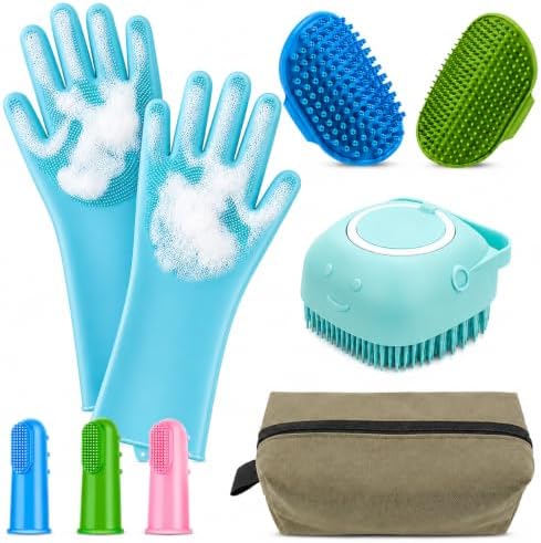 9Pcs Pet Grooming & Washing Kit with Storage Bag for Dogs & Cats, Dog Bathing Supplies Silicone Dog Washing Gloves, Shampoo Brush,Dog Scrubber for Bath Shedding, Cleaning & Massage (Blue)
