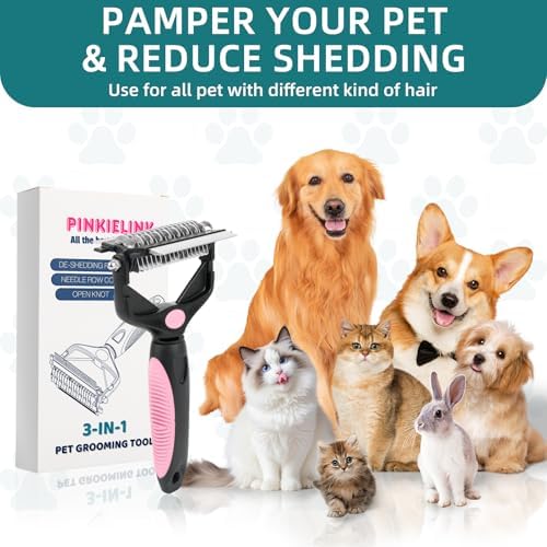 3-IN-1 Pet Grooming Tool - Undercoat Rake, Dematting Comb & Deshedding Brush for Cats, Dogs, Horses - Removes Mats, Tangles & Loose Fur, Reduces Shedding & Prevents Hair Mess (Pink)