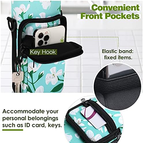 Nuovoware Water Bottle Carrier Bag, 25oz/32oz Bottle Pouch Holder, Adjustable Shoulder Hand Strap 2 Pocket Sling Neoprene Sleeve Sports Water Bottle Accessories for Gym Hiking Travelling, Green Lily