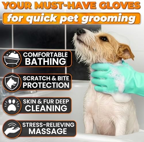 Cat and Dog Washing Gloves, 1 Pair, 11.6 in, Silicone (Turquoise)