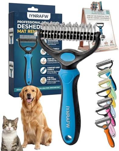 Pet Pro Grooming Tool Dual Tooth Pet Grooming Comb Undercoat Rake for Dogs Cats Long Hair Deshedding Tool Dematting Brush Double Sided Stainless Steel Teeth Remover Mats Tangles Loose Fur