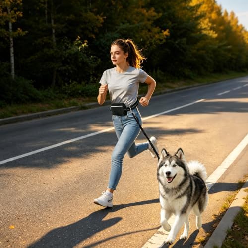 Hands Free Dog Leash, Shock Absorbing Waist Belt for Walking (Black)