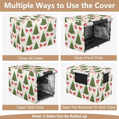 Kigai Christmas Tree Bow Dog Crate Cover Oxford Fabric Windproof Waterproof Kennel Cover with Breathable Mesh & Roll-Up Panels, Fit for 48 in Cage, Washable