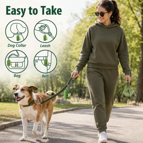 2Pack Dog Poop Bag Holder Leash Attachment with 30 Bags, Silicone Dogs Poop Bag Dispenser with Clip, Reusable Waste Bag Dispenser for Pet Travel, Walking, Park, and Outdoor Use- Green