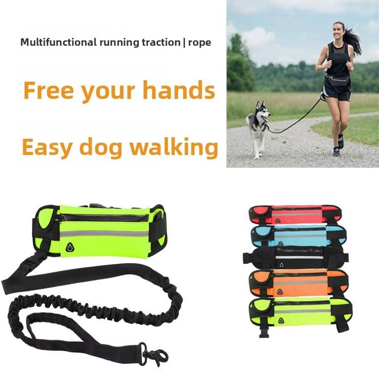 Hands Free Dog Lead with Running Waist Pack, Shock Absorbing Elastic Bungee, Waterproof Pouch with Earphone Hole, Reflective Strip, Adjustable for Jogging, Walking and Hiking