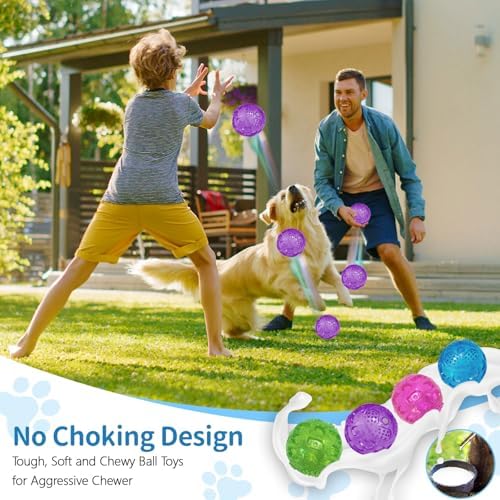 RICHIE Ultra Durable Squeaky Dog Balls 3 Inch for Large Medium Dogs, Tough Chew Toys for Aggressive Chewers, Floating Fetch Balls for Pool Play, Teeth Cleaning Dog Toys 3 Pack Purple + Green + Green