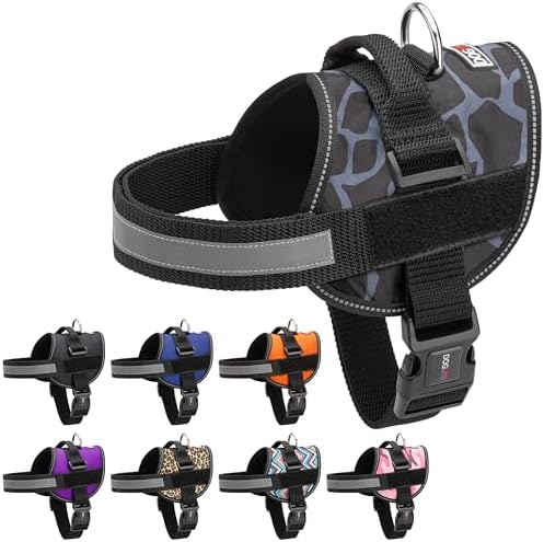 Dogline Dog Harness, Reflective No-Pull Adjustable Vest with Handle for Walking, Training, Breathable, No - Choke Harness for Small, Medium or Large Dogs Room for Patches Girraffe Grey XL 33"-46"