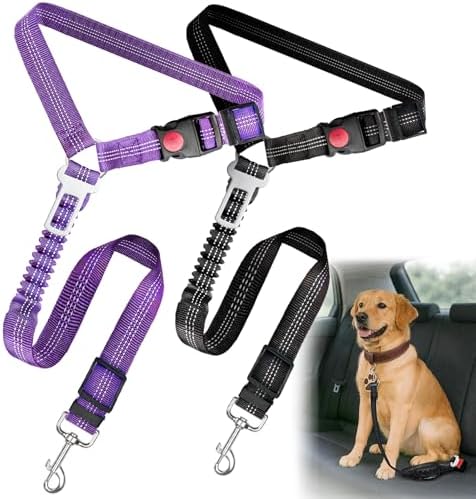 2-Pack Dog Car Seat Belt, 3-in-1 Headrest-Mounted Dog Seatbelt for Car, Adjustable Nylon Pet Safety Leash with Elastic Buffer & Reflective Stitching, Durable Car Harness for Dogs Fits Most Vehicles