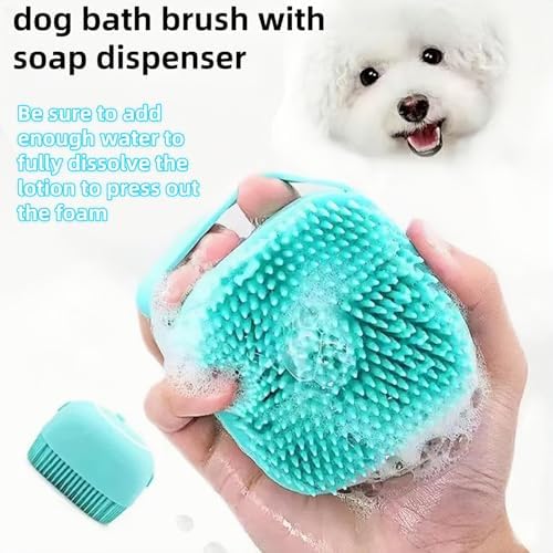 (2-Piece) Pet Bath Brush and Dog Scrubber，Bathing Dog Beauty Massage Brush with Soap Dispenser，Adjustable Handle Shampoo Brush & Scrubber for Short & Long Haired Dogs & Cats