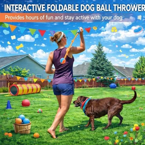 Foldable Dog Ball Launcher with 2.5” Tennis Ball, 25” Long Thrower, Hands-Free Ball Pickup, Outdoor Fetch Toy for Dogs