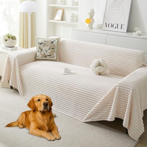 HAOMAIJIA Faux Fur Sofa Covers Couch Covers for 3 Cushion Couch Sofa Pet Friendly Soft Non Slip Couch Cover for Dogs Washable Sectional Couch Covers L Shape Furniture Protector (Off White, 71"x150")