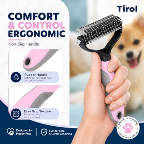 TIROL Dematting Comb for Dogs, Pet Grooming Rake, Double-Sided Dog Brush for Shedding, Undercoat Mat Dematting Tool for Long Haired Cats, Deshedding Brush for Cats, Pink