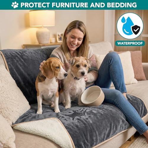 PetAmi Waterproof Dog Blanket Puppy Cat Large Couch Cover, 60x80 Grey/Beige