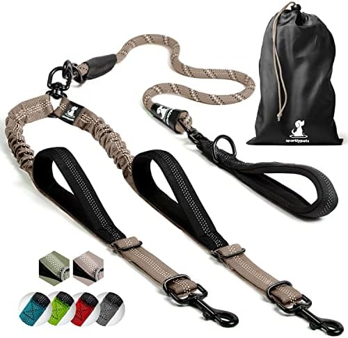 SparklyPets - Double Dog Bungee Rope Leash - Dual Dog Lead for Medium and Large Breeds - Padded Handles, No Tangle - Flow Leash, 2 Dogs Walking Accessory