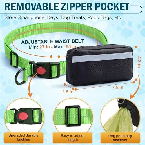 Hands Free Dog Leash with Waist Belt – No-Pull Bungee, Dual Padded Handles & Zipper Pouch for Running, Walking & Training – Adjustable Waist Leash for Large & Medium Dogs