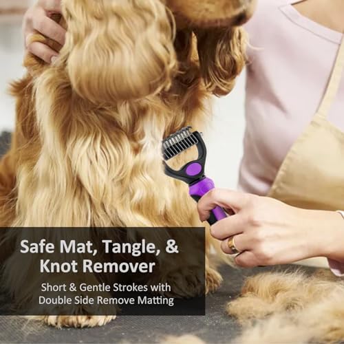 WePet Grooming Rake for Dogs & Cats, Double-Sided Deshedding Brush, Extra-Wide Dematting Tool, Slicker Comb for Undercoat & Loose Hair Removal, Reduces Shedding by 95%, Purple, Large
