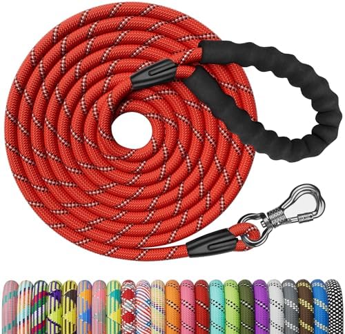 NTR Heavy Duty Dog Leash, 15FT Training Leash with Swivel Lockable Hook, Padded Handle and Highly Reflective Threads, Dog Lead for Walking, Hunting, Camping, Backyard for Small Medium Large Dog Red