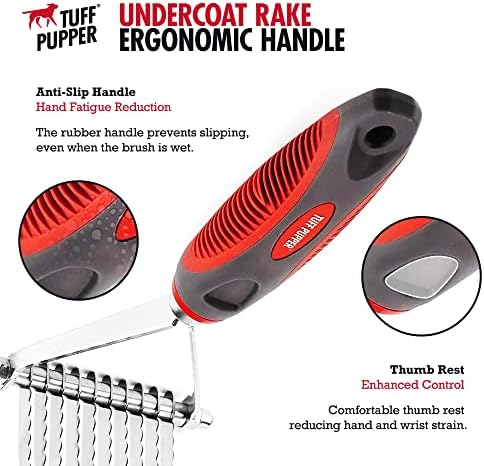 Tuff Pupper Dog Undercoat Rake Tool | Easily & Safely Remove Dead, Matted Or Knotted Hair | Ergonomic Dematting Comb For Thick Coats | Non-Slip Safety Handle Provides Precision Control Against Knots