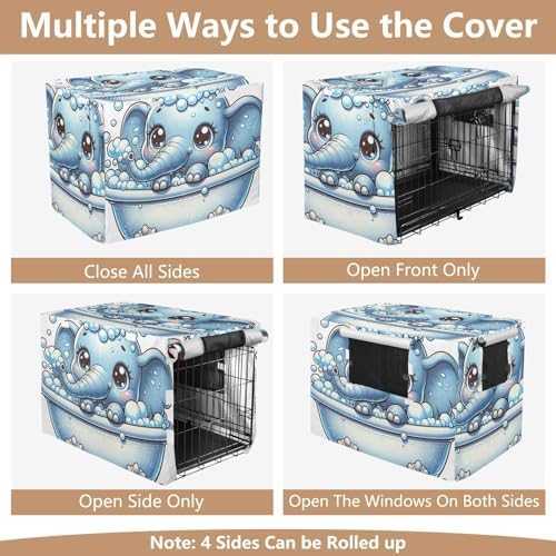 Breathable Cute Elephant Dog Crate Cover Roll-up Side Panels Covers for Pet Crates Medium