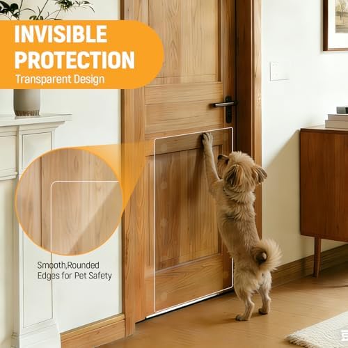 In hand Heavy Duty Door Scratch Protector for Dogs & Cats, 36" x 24" Extra Large Clear Door Guard, Thickened Anti-Scratch Shield with Strong Removable Adhesive Pads, No Residue & Safe for Doors