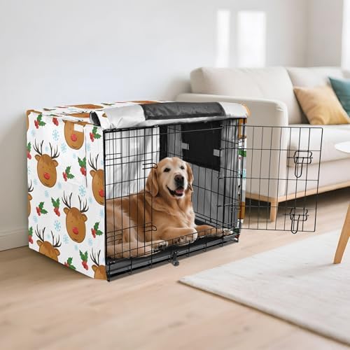 Kigai Reindeer Head Dog Crate Cover Oxford Fabric Windproof Waterproof Kennel Cover with Breathable Mesh & Roll-Up Panels, Fit for 35 in Cage, Washable