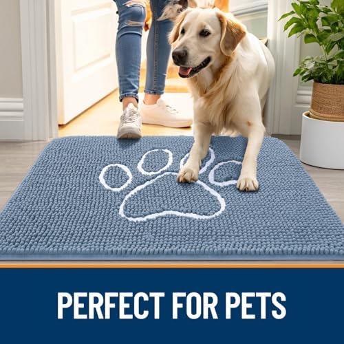 OLANLY Dog Door Mat for Muddy Paws 32x20, Paw Print Design Chenille Mud Mat