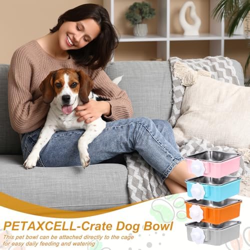Crate Dog Bowl, Removable Stainless Steel Pet Cage Hanging Anti-Overturn Food Water Feeder Cage Cup (2Pcs, Square, Dark Blue/Orange, 17.7oz), Intended for Puppies/Cat/Rabbit/Bird