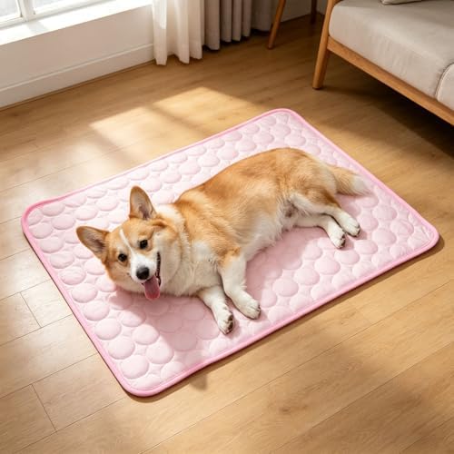 Cooling Mat for Dogs,Non-Slip, Washable, Foldable, Portable Ice-Fiber Self-Cooling Pet Sleeping Mat for Crate, Sofa, Kennel, Grey. (Pink, Small)