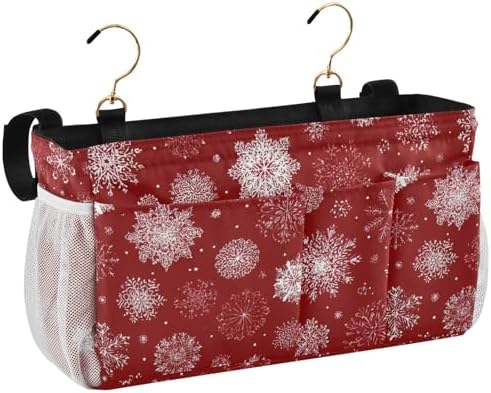 Bedside Caddy Hanging Bunk Bed Caddy Bed Organizer Hanging Pocket with 2 Hooks Bedside Storage Organizer Pocket Bag Holder Red Christmas Snowflakes