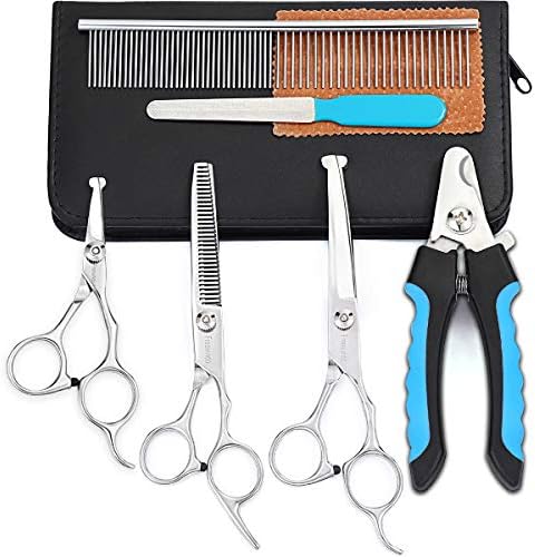 Freewindo Dog Grooming Scissors Kit - Safety Round Tip, Heavy Duty Stainless Steel Scissors and Nail Clippers for Full Body Grooming