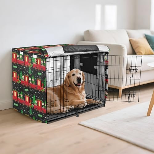 Kigai Christmas Train Dog Crate Cover Oxford Fabric Windproof Waterproof Kennel Cover with Breathable Mesh & Roll-Up Panels, Fit for 41 in Cage, Washable