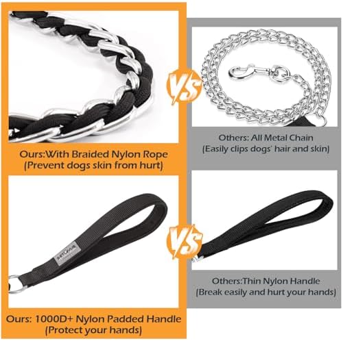 Chain Dog Leash, Bite-Proof Metal Leash, with Padded Handle Black
