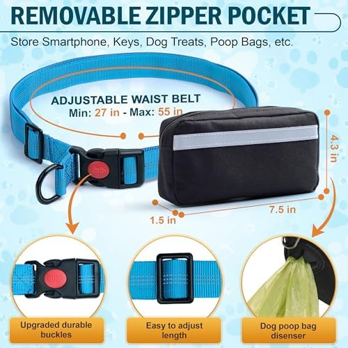 Hands Free Dog Leash with Waist Belt – No-Pull Bungee, Dual Padded Handles & Zipper Pouch for Running, Walking & Training – Adjustable Waist Leash for Large & Medium Dogs
